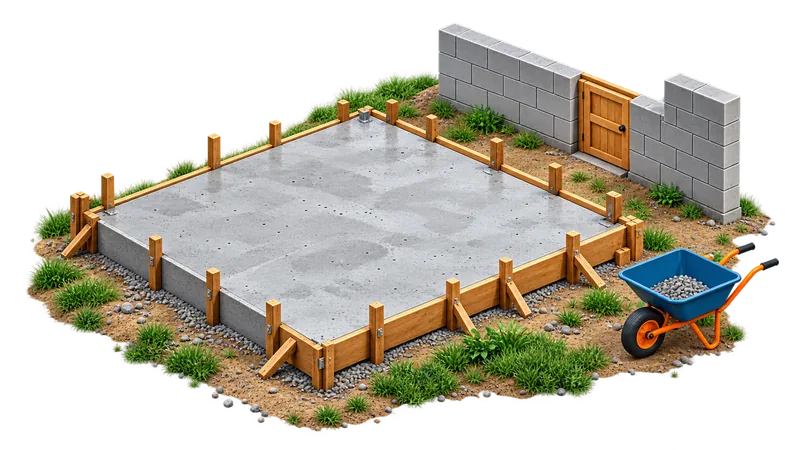 Isometric concrete slab construction project with formwork, block walls and wheelbarrow